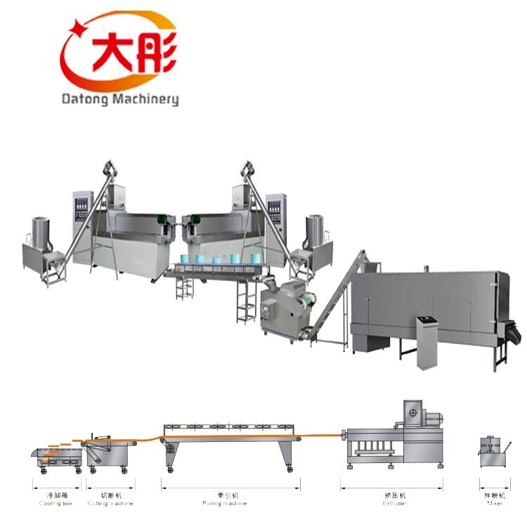Pet chews processing line takes starch, wheat flour, fresh meat and other food additives as raw material with scientific formulation. After extruding and shaping, you can get innovative shapes pet chews, such as strip, stick, twist, bone, core filled bar, single color, bi-color etc. By adjusting the formulations, the extruded food can not only provide enough nutritional ingredient to pets but also meet their chewing interest. The products are beneficial for pets with the features of: strong teeth, clean mouth and teeth, reduce the disease etc.